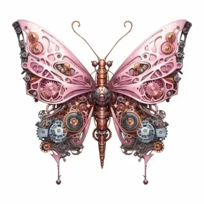 A mechanical butterfly with pink brass wings and gears