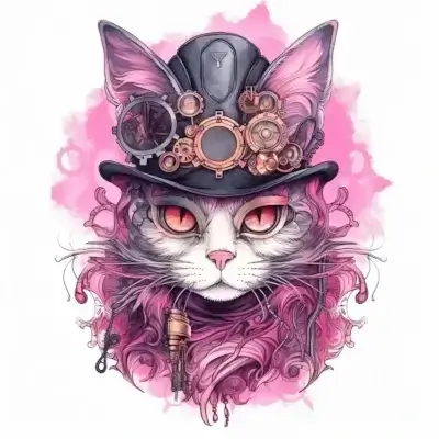 A steampunk cat wearing a top hat with brass goggles