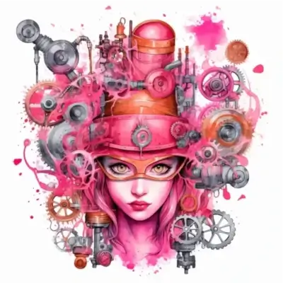A steampunk woman wearing a mechanical hat with gears