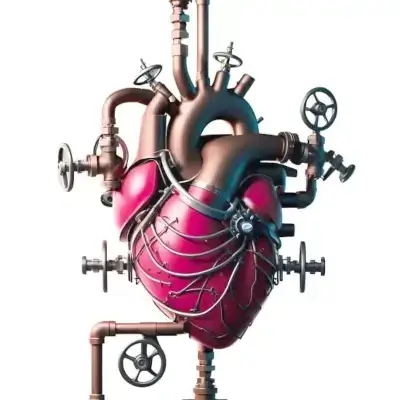 A mechanical heart with brass pipes and valves