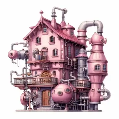A pink steampunk workshop building with pipes and towers