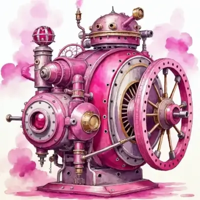 A pink steampunk machine with gears and valves