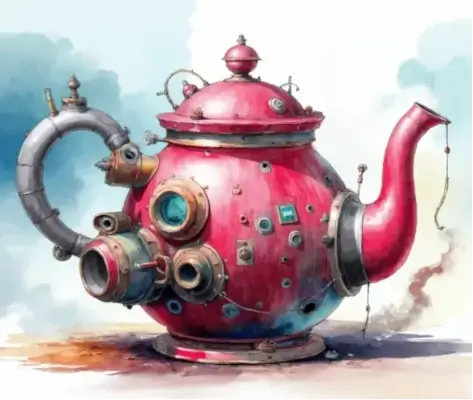 A pink steampunk tea kettle with brass fittings