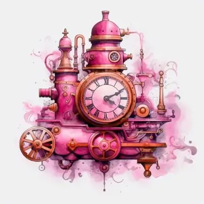A pink steampunk time machine with a roman numeral clock