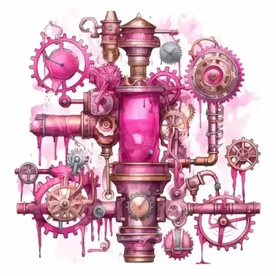 A pink steampunk weather machine with gears and pipes